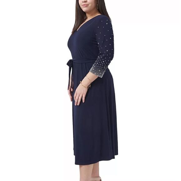 Woman PLUS MSK Navy Beaded Fit & Flare Stretch V-neck Dress midi dress 1X  New - Picture 8 of 11